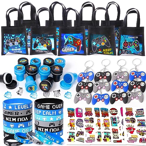 Latocos 60 Videospiel Party Mitgebsel Jungen Kindergeburstag Geschenk Tasche Videospiel Controller Schlüsselanhänger Silikonarmbänder Tattoo Stempel Video Gamer Spiel Gastgeschenke für Kinder Jungen