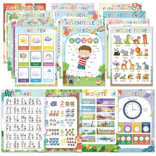 BIROYAL 16 pädagogische Montessori Lernposter A4, ABC Poster für Kinder, dickes Papier und beidseitig laminiert, Alphabet Poster, Lernposter Grundschule, Piktogramme Zahlen, Lernhilfe für Kinder