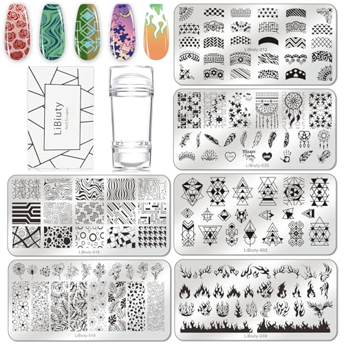 BUDOCI 6st Nagel Stamping Schblonen Platte Set,Nail Stamping Kit mit Nagelplatte,Stempel und Schaber für Nagelstempel Maniküre French Nail Art