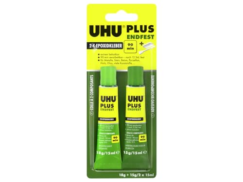 UHU 2-Komponentenkleber Plus Endfest, Glasklarer und höchst belastbarer 2K-Klebstoff, 33 g, Endfest - 2x 15 ml