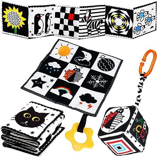 Jiosdo Baby Spielzeug 0-3 Monate, Kontrast Spielzeug Baby Stoffbuch Knistertuch Würfel, Kontrastbuch Schwarz Weiß, Black & White Kinderwagen Spielzeug Geschenksets Babyspielzeug 0 3 6 12 Monate(3PCS)