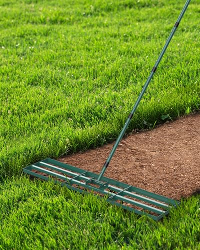Rasen Rakel 114x25 cm, Rakel für Rasen, Rasenrechen mit 198cm Verstellbarer Stiel, Rasen-Nivellierungsrechen Lawn Leveling Rake für Hof Garten, Golfplatz, Rasenpflege, Rasen Sanden