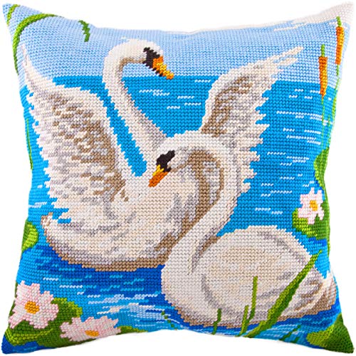 Schwäne, Nadelspitzen-Set, Überwurfkissen, 40,6 x 40,6 cm, bedruckter Tapisserie-Leinwand, europäische Qualität