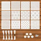 28stk Sashiko Schablonen Set aus Kunststoff, Inklusive 12stk Geometrischen Einfachen Sashiko Stick Schablonen 1stk Fingerhut 5stk Nadeln 5 Rollen Faden 5stk Fingerhaltern