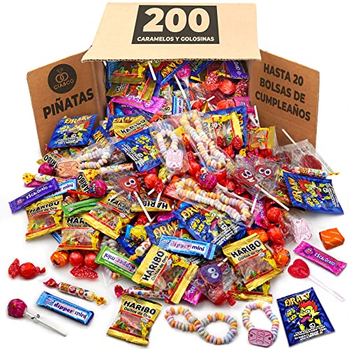 Mega Pack 200 Süßigkeiten, Bonbons und Candy von Cia&Co · Für Geburtstage, Piñatas, Kinderpartys, Weihnachten, Halloween · Bis zu 20 Geburtstagstüten · Jedes Stück einzeln verpackt
