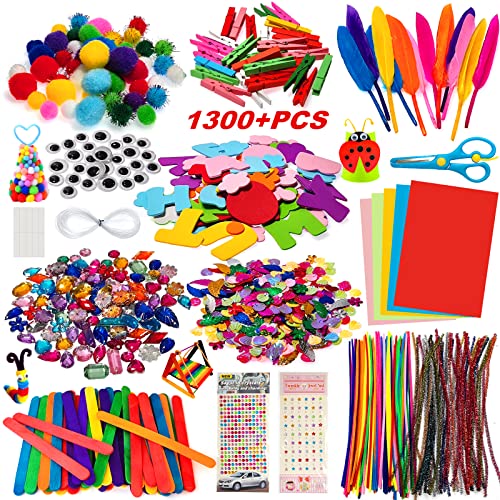 Bastelset Kinder, 1300+PCS Withosent DIY Basteln Bastelkoffer, Bastelzubehör Bastelmaterial Scrapbooking, Pfeifenreiniger, Pompons, Federn, Perlen, Wackelaugen, Pailletten Bastelbedarf für Kleinkinder