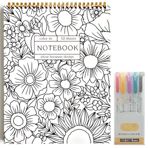 Whimsyard Spiral-Malbuch & Tagesplaner Zum Ausmalen, Blumen-Besprechungsnotizen, Malbücher Mit 15 Textmarkern, Malhefte (Notizbuch)