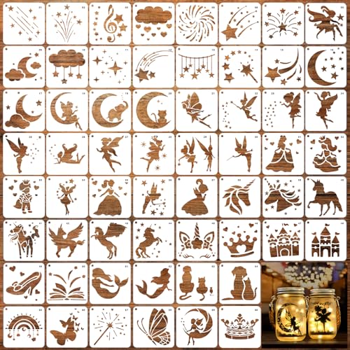 SRIZIAN 60 Stück Kleine Schablonen Set mit Feen, 7.6x7.6cm Wiederverwendbar Schablonen Zeichenschablonen Malschablonen der DIY Schablonen für kinder Scrapbooking Holz Wand Möbel Leinwand Deko