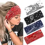 Haarbänder Damen Breite Elastische Weiche 4 Pcs Sommer Boho Stirnband Print Haarschmuck Yoga Sport Haarband Mehrfarbig Dünn Stirnbänder