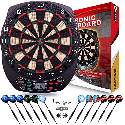 WIN.MAX Elektronische Dartscheibe Profi Set mit 65 Varianten für 1 bis 8 Spieler mit 12 Darts + 12 Pro Flights 100 Pfeilspitzen Zubehör