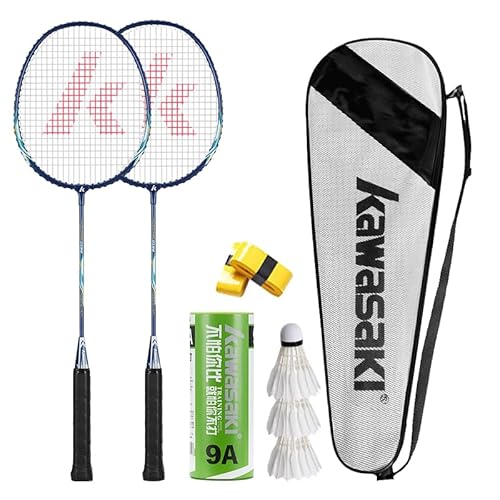 Badminton Schläger Set of 2 Profi Leichtgewicht Badminton Racket Federball mit 3 Badminton bälle, 2 Handgrips, 1 Schlägertasche&2 Badmintonschläger für Training, Sport (Blau)