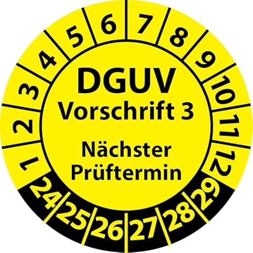 Prüfplakette DGUV Vorschrift 3 Nächster Prüftermin, selbstklebend, Prüfaufkleber, Prüfetikett, Plakette (20 mm Ø, Gelb, 100)