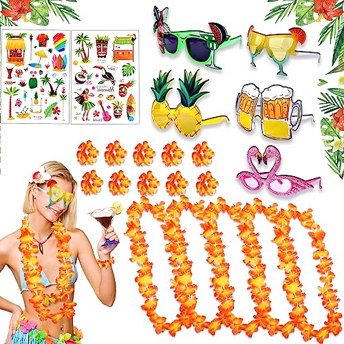 YUEONEWIN Hawaii Party Kostüm Set 22 St Hawaii Deko mit 5 Hawaii Kette Blumen 5 Tropical Sonnenbrille 10 Armbänder 2 Aufkleber Faschingskostüme für Tropische Beachparty Deko Hawaiian Strandurlaub