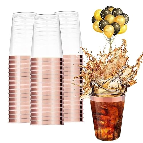 Pecewlos 50 Stück Plastikbecher mit Roségoldrand, 280ml Becher aus Kunststoff Wiederverwendbare Trinkbecher Elegante Party Weingläser für Champagner Bier Cocktail Martini Soda Dessert