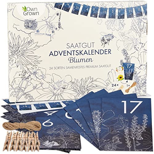 OwnGrown Blume Adventskalender 2025 - Nachhaltig Weihnachtskalender Satz - Pflanzensamen DIY Kalender Inklusive Schnur, Wäscheklammer, Umschlag Blau - Ideal Geschenke für Gartenliebhaber