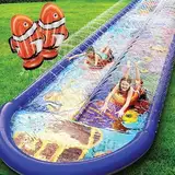 stargo Unterwasser-Doppelrutsche - 5,5 m x 1,5 m Rutsche mit Spritzschutz und Sprinkler, Wasserrutsche mit aufblasbaren Bodyboards - Wasserspaß für Kinder