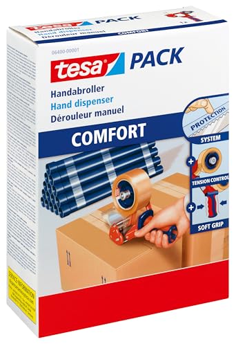 tesa 6400 Packband Handabroller COMFORT - Hochwertiger, robuster Abroller für Paketbänder - Profi-Qualität - Für Klebebänder mit bis zu 50 cm Breite