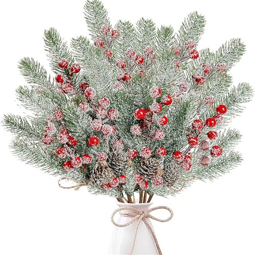 6 Stück Künstliche Beerenstängel Schnee Gefrostet Künstliche Tannenzweige Stechpalmenbeeren Tischdeko Weihnachten Adventskranz Tannenzapfen Deko Kränze GesteckeHerbstparty Blumenarrangement (Rot)