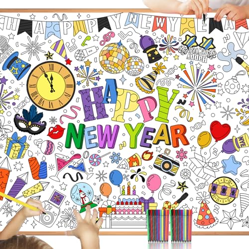 HOWAF Papier-Tischdecke zum Ausmalen Silvester Deko 2025, Happy New Year Ausmal-Tischdecke Frohes Neues Jahr Ausmaltischdecke Kinder Silvester Tischdecke Silvester Basteln Kinder für Neujahr Supplies