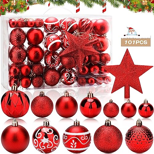 Vleuexe Weihnachtskugeln 101 Stück mit Baumspitze Stern Christbaumkugeln Kunststoff Weihnachtsbaum Bälle Dekorationen Boxed Set Weihnachtsdeko,Hochzeit,DIY Party Rot