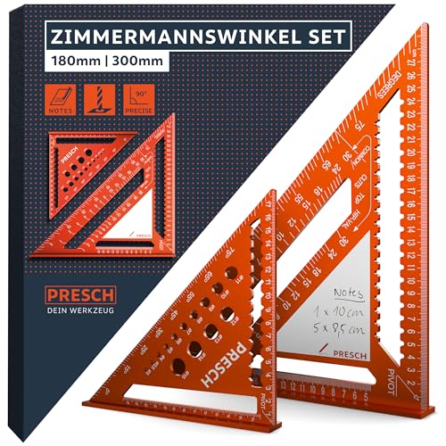 Presch Zimmermannswinkel Set - 180mm & 300mm - Innovative, abwischbare Notizfläche - Intelligente Bohrlehre für exakte Durchmesser - Hochpräzise gefrästes Aluminium für exakte 90° Winkel