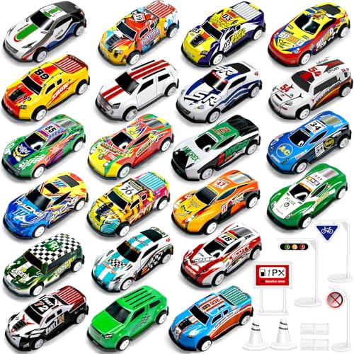 TOYABI Auto Spielzeug Set, Spielzeugautos Metall, 22 Stück Kleine Spielzeugauto mit 8 Straßensperre, Autos Zurückziehen Fahrzeuge, Weihnachten Geburtstag Geschenk für Kinder ab 3 4 5 6 7 8 Jahre