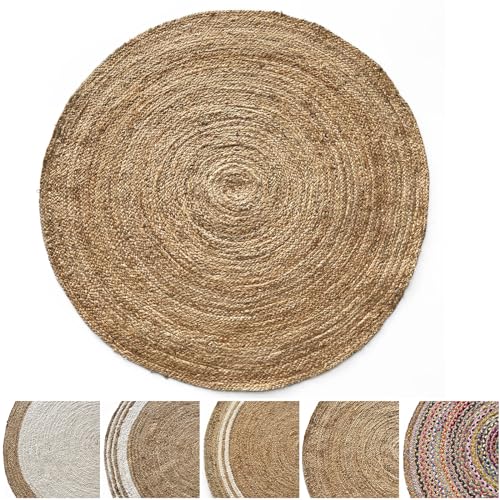 KARAT Jute Teppich rund Bastteppich aus 100% Naturfaser - geflochten Boho Juteteppich, Handgewebter Naturteppich für Küche & Wohnzimmer robust & reißfest Ø 90cm (Surat)