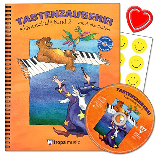 Mitropa Music Tastenzauberei Band 2 – Klavierschule von Aniko Drabon. Schule für Einzel- und Gruppenunterricht in Deutsch. CD zum Üben und Spielen, 7 lustige Smiley-Aufkleber, Musikclip