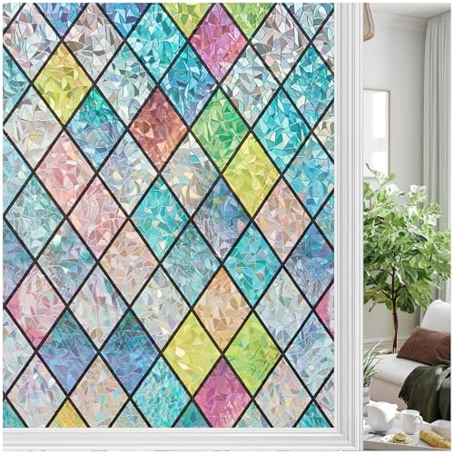 Bectosy Fensterfolie Blickdicht Regenbogen Sichtschutzfolie, Statisch Haftend Fenster Bunt, 3D Regenbogeneffekt Fensterfolie, 44.5 × 200cm ohne Klebstoff UV-Schutz für Wohnzimmer Küche Badezimmer
