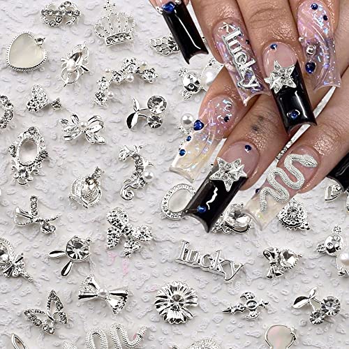 30 Stück Luxus Zirkon Nagel Charms 3D Legierung Nailart Anhänger Silber Nail Art Metall Schmuck Strasssteine für Schmetterling Herz Schlange Blume Glitzersteine Zubehör