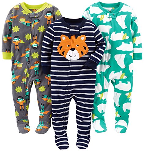 Simple Joys by Carter's Baby-Mädchen 3-Pack Loose Fit Flame Resistant Fleece Footed Pajamas Kleinkindschläfer, Grün Eisbär/Kohlegrau Superheld/Marineblau Tiger, 18 Monate (3er Pack)