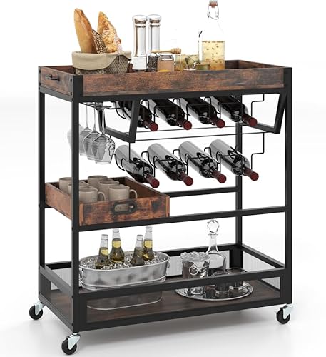 KOMFOTTEU Industrieller Küchenwagen mit herausnehmbarem Tablett, Servierwagen 3 Ebenen mit Weinregal & Getränkehalter, Rollwagen aus Holz Stahl, Barwagen für Esszimmer Bar, 88x40x90 cm