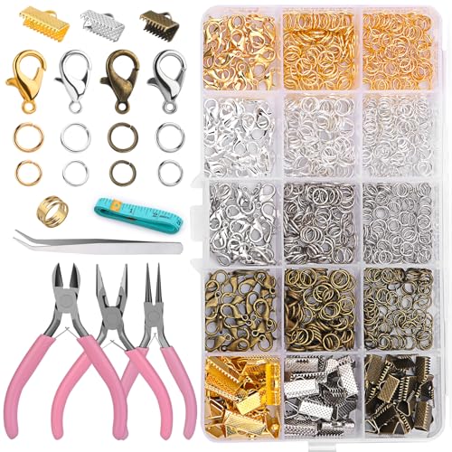 Tundi Schmuckherstellungs-Zubehörset,Schmuck Bastel Zubehör,Schmuck Reparatur Werkzeuge mit Biegerringe,Verschlüsse,Zange für Schmuck DIY Anfänger,Halskette Armband Machen