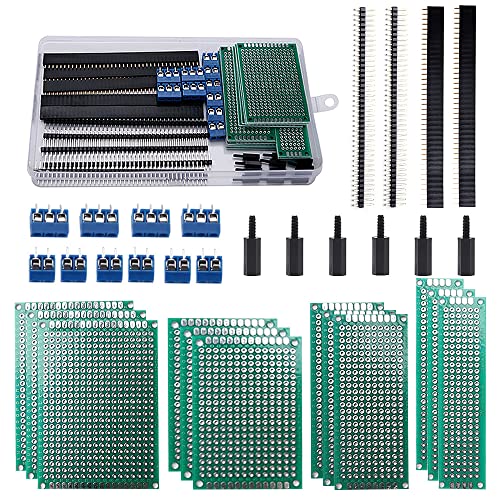 VooGenzek 46 Stück PCB Board Kits, 12 Stück Doppelseitige Leiterplatten Prototypkarten + 12 Stück Male/Female Header Connector + 10 Stück 2/3Pin Schraubklemme + 12 Stück Nylonsäule