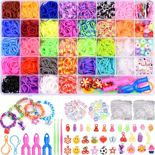 AOKITO 2500+ Loom Bänder Set für Kinder, 32 Farben DIY Gummibänder mit Perlen Haken Charms und Aufbewahrungsbox, Armbänder Selber Machen Zubehör, Geburtstag Weihnachten Geschenke für Mädchen Jungs