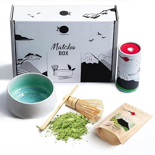 Origeens MATCHA TEE SET mit Matcha Besen, Matcha Schale aus Keramik, BIO Matcha Tee aus Japan | Handwerklich angefertigte Matcha Bowl aus Portugal | Geschenkset