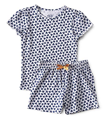 little label Sommer Schlafanzug Kurz Shortama Baby Mädchen Bio-Baumwolle 92 Herzen-Print Blau