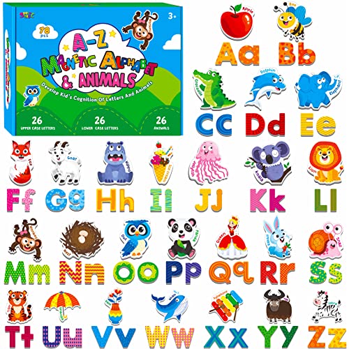 78 magnetisches Alphabet, 26 Großbuchstaben, 26 Kleinbuchstaben und 26 Objektmuster, entzückendes Tieralphabet ABC-Kühlschrankmagnete Lernspielzeug für Kleinkinder im Alter von 3 4 5 Jahren