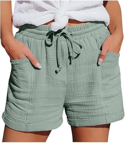 NUOKE hosen damen sommer,Shorts Damen 2025 Sommer Leinen Musselin Kurze Hose Beach Mit Taschen Mode Lässige Stoffhose Freizeit Stretch Gerades Bein Kordelzug Leinenhose 2 GrünM