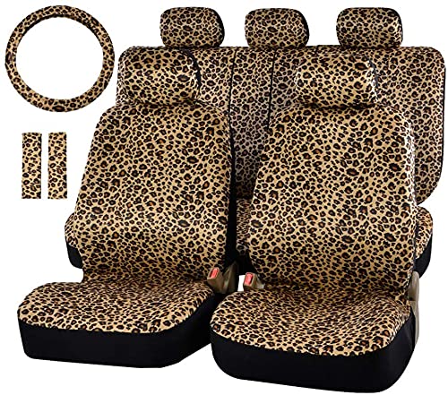 Leopard Cheetah Autositzbezüge, komplettes Set, vorne und hinten, komplett mit 2 Sicherheitsgurtpolstern und universeller 38.1 cm Lenkradbezug, LKWs, SUV oder Van für Frauen (Leopard)