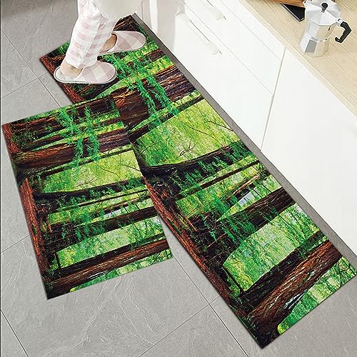 Küchenläufer Küchenmatte 2 Stück 45x70cm+45x120cm,Tree Woodland, Redwood Trees Nordwestlicher Regenwald Tropisch Szenisc,Rutschfest Pflegeleicht, Anti-Müdigkeit Küchenteppich Teppich Läufer für Küche