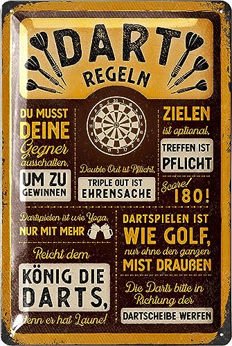 LANOLU Retro Blechschild DART Regeln - Bar und Partykeller Dekoration, Irish Pub Deko, lustiges Geschenk für Männer, vintage Metallschild mit Stanzung und Wölbung, 20x30cm