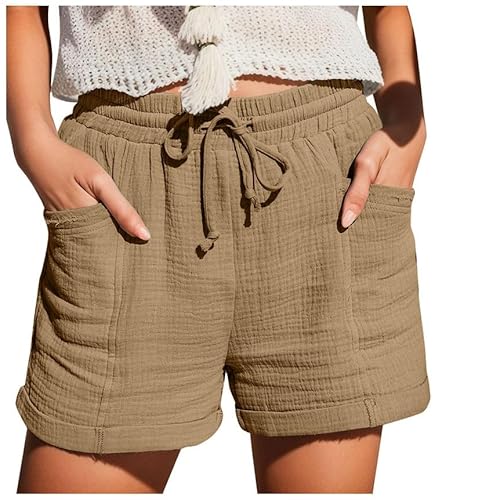 Shorts Damen, Kurze Damen Hose, Freizeit Fashion Kurzhose Taschen Tunnelzug Sporthose Stretch Bequeme Stoffhose Einfarbig Musselin Sommerhose Atmungsaktiv Sweatshorts