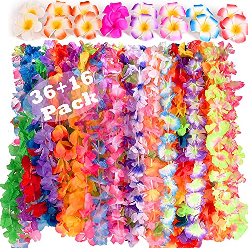 Hawaii Blumenketten, Hawaii Kette Blumen Girlanden 36Stk mit Hawaiianische Plumeria Haarspange 16Stk, Hawaii Outfit Halsketten Deko für Maui Luau Aloha Lilo Tropische Mottoparty Beachparty