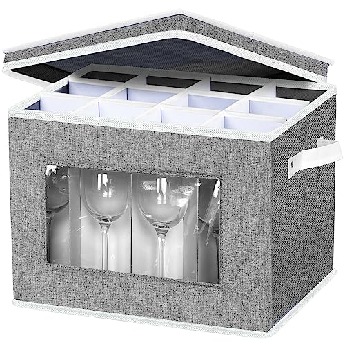 Aufbewahrungsbox für Stielgläser, mit Trennwänden, Porzellan, Weinglas-Aufbewahrungsbehälter mit Deckel und Griffen, für 12 Weingläser oder Kristallglaswaren (grau)