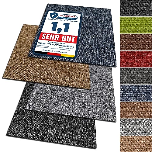 KARAT Teppichfliesen Moskau 50x50 cm selbstliegend - 4 Stück Set - 1m² - strapazierfähiger Teppich Bodenbelag mit hochwertigem Schlingenflor für Haus & Büro - antistatisch mit Bitumen Rücken - Rot