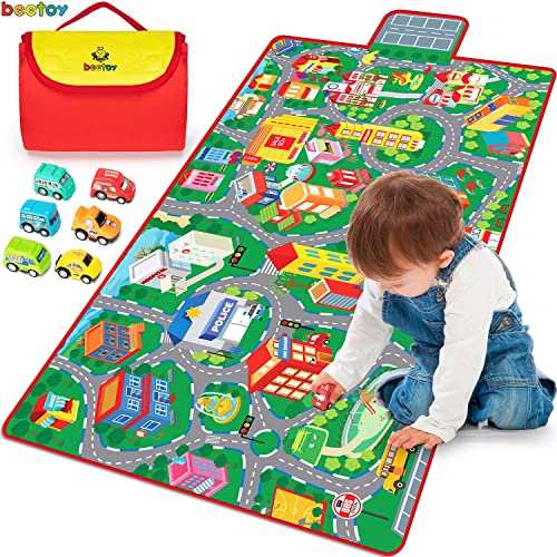 beetoy Spielteppich Kinderzimmer 80x150cm, Autospielmatte mit 6 Autos, Große Bahnmatte Reisespielzeug, Pädagogischer Straßenteppich für Boden, Spielzimmer, Spielbereich