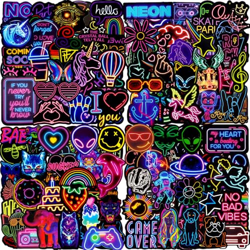 Aufkleber 200 Stück Neon Sticker Set Wasserfeste Vinyl Sticker Decals Coole Graffiti Sticker für Laptop Skateboard Scrapbook Trinkflasche MacBook IPad Handy Tagebuch Tassen Moped Fahrrad Koffer usw