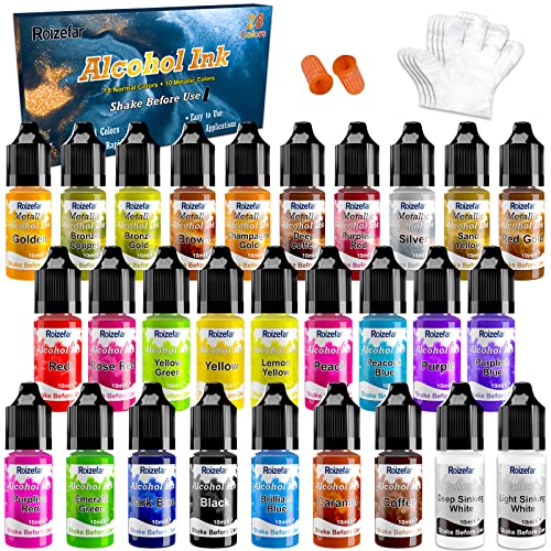 Roizefar Alkohol Tinten set – 28 Alcohol Ink Farben, Harzfarbe, konzentrierte, Tinte auf Alkoholbasis, Alcohol Ink Epoxidharz farbe für Untersetzer, Acrylmalerei, Becherherstellung, je 10 ml