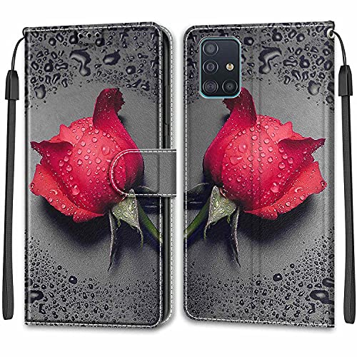 Nadoli Handyhülle für Samsung Galaxy A71,Bunt Bemalt [Rot Rose] Lanyard PU Leder Standfunktion Magnetverschluss Brieftasche Hülle Schutzhülle Etui